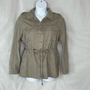 Davi & Dani Jacket/Top  Taupe Corduroy Sweater Knit Southwest Back Drawstring L